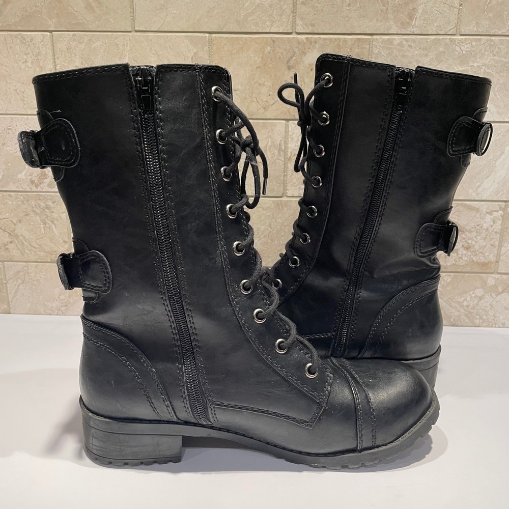 UNR8ED‎ Dome Black Combat Boots 9.5M Mid Calf Lace Up Side Zip Buckle Cap Toe